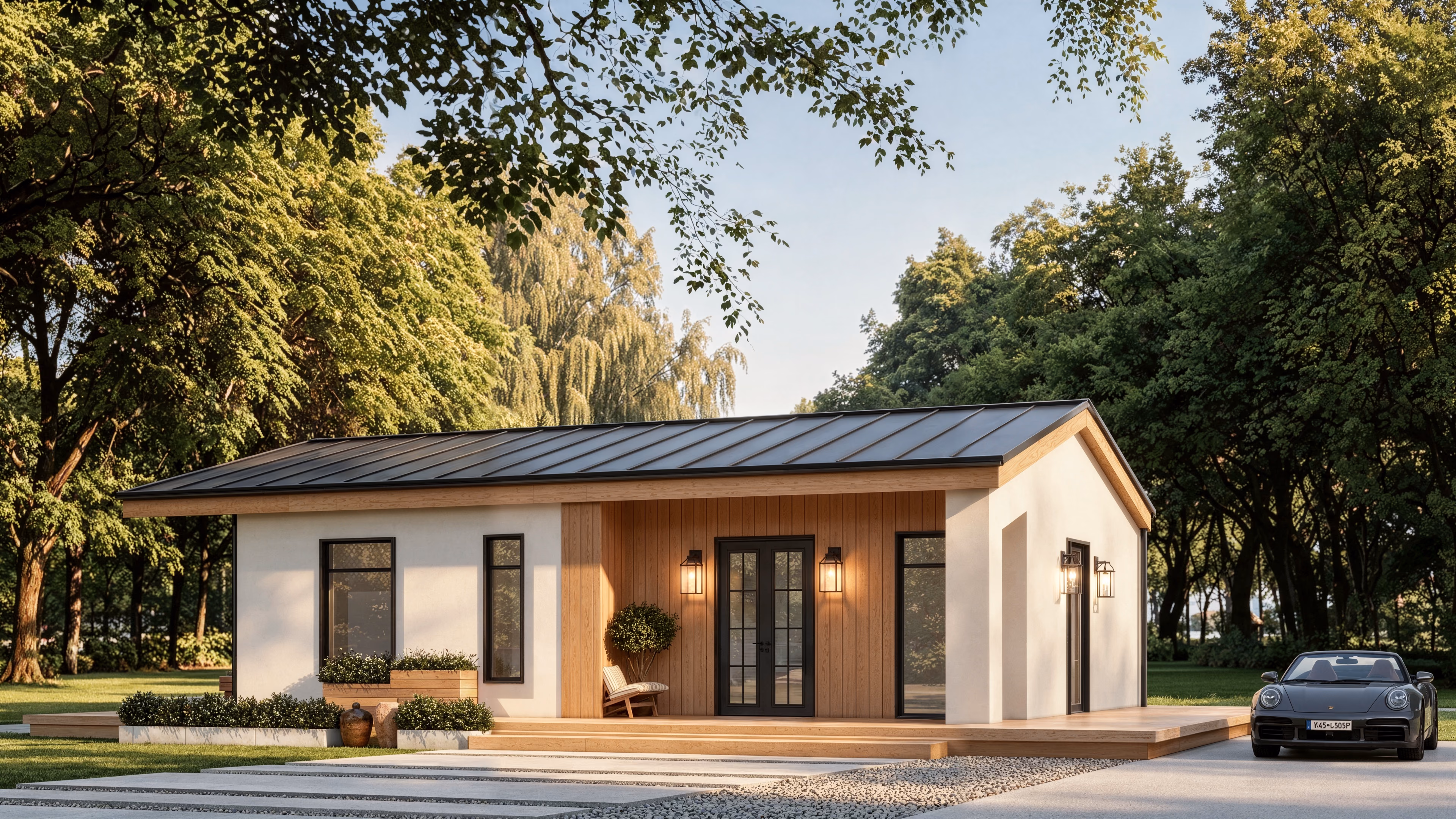 Family Residence, Series D Residential application in Woodland driveway setting