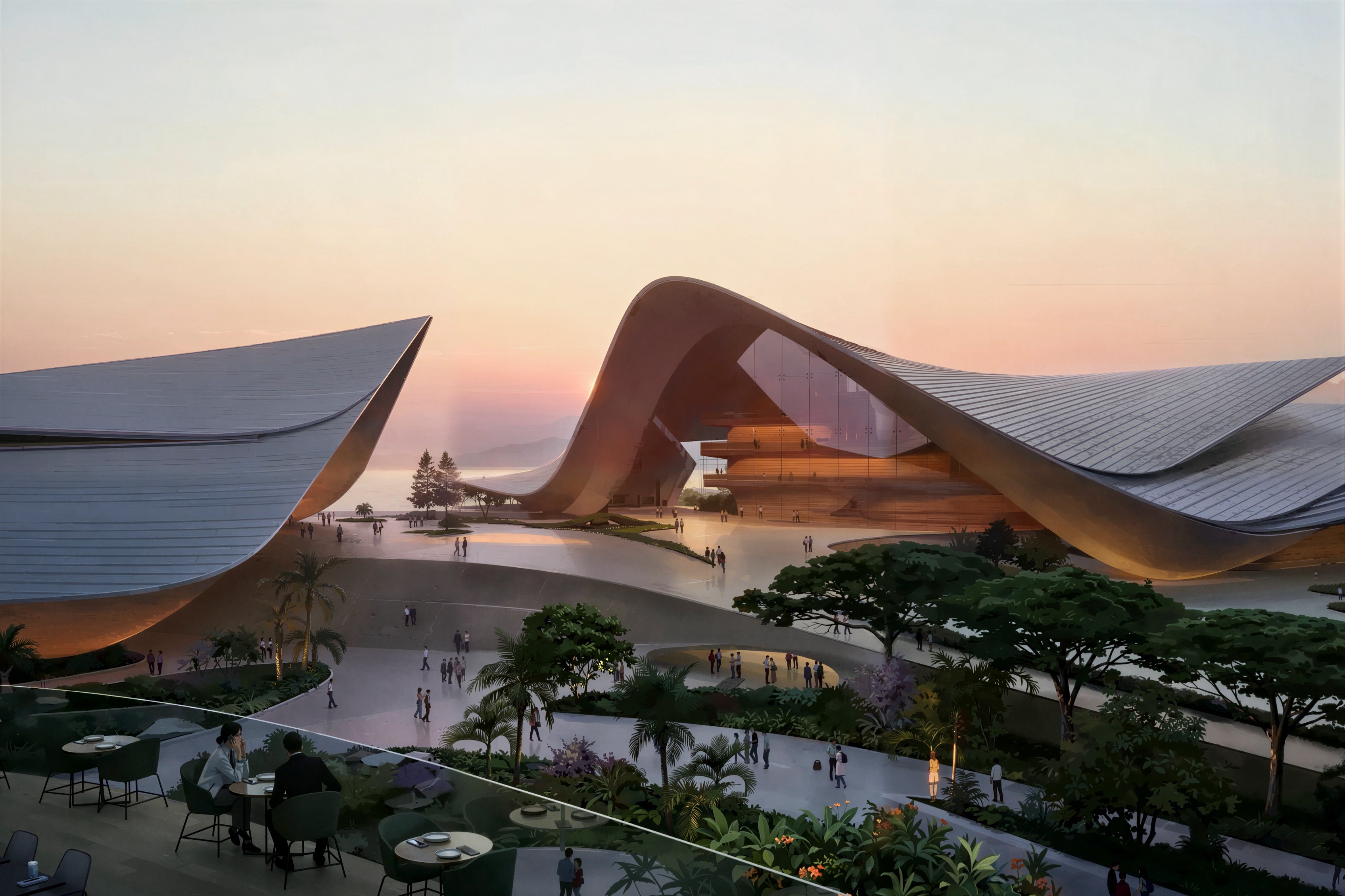 Architectural rendering of the Hainan trading center, with sweeping roofs around a public plaza