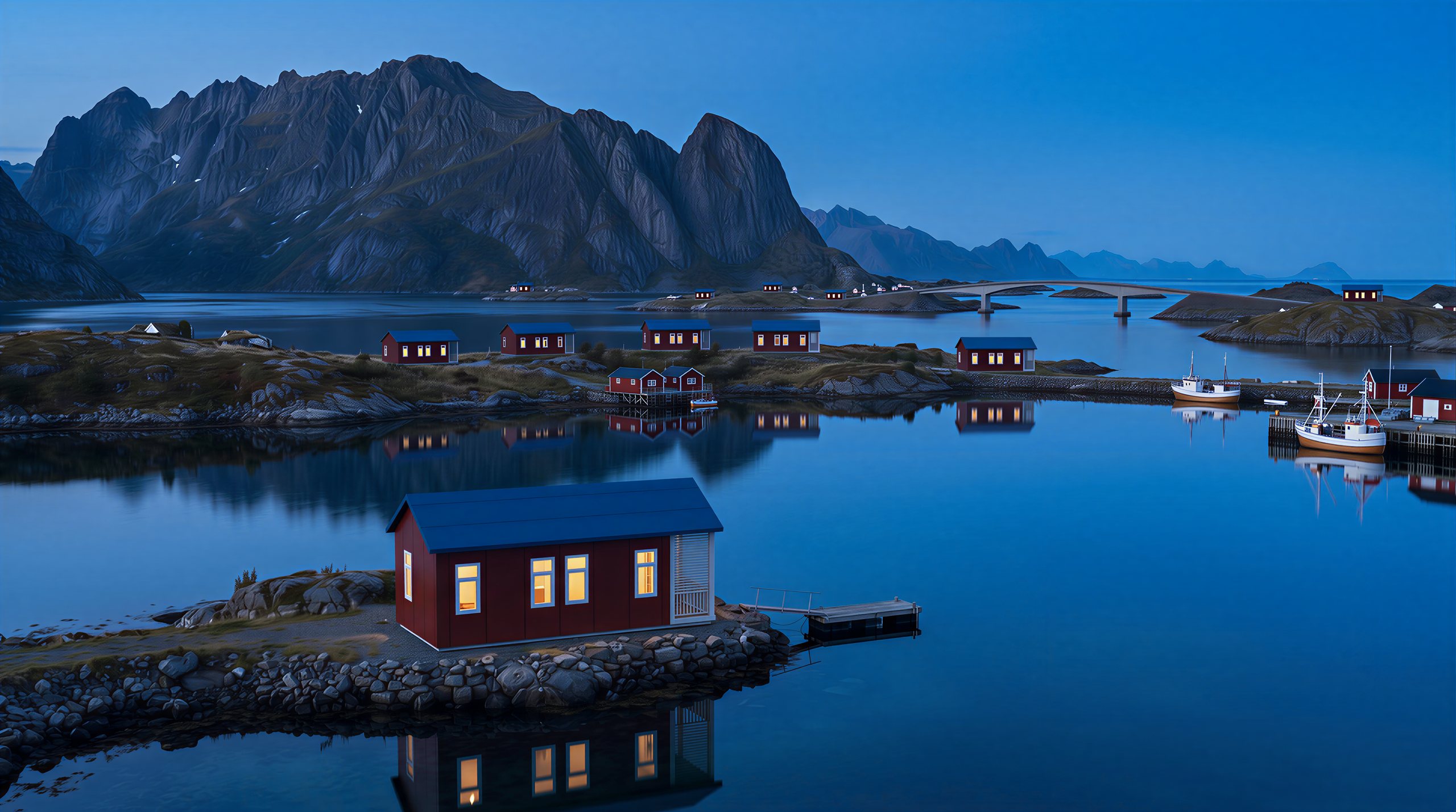 Waterfront setting reference with a small house; accessibility features are not shown