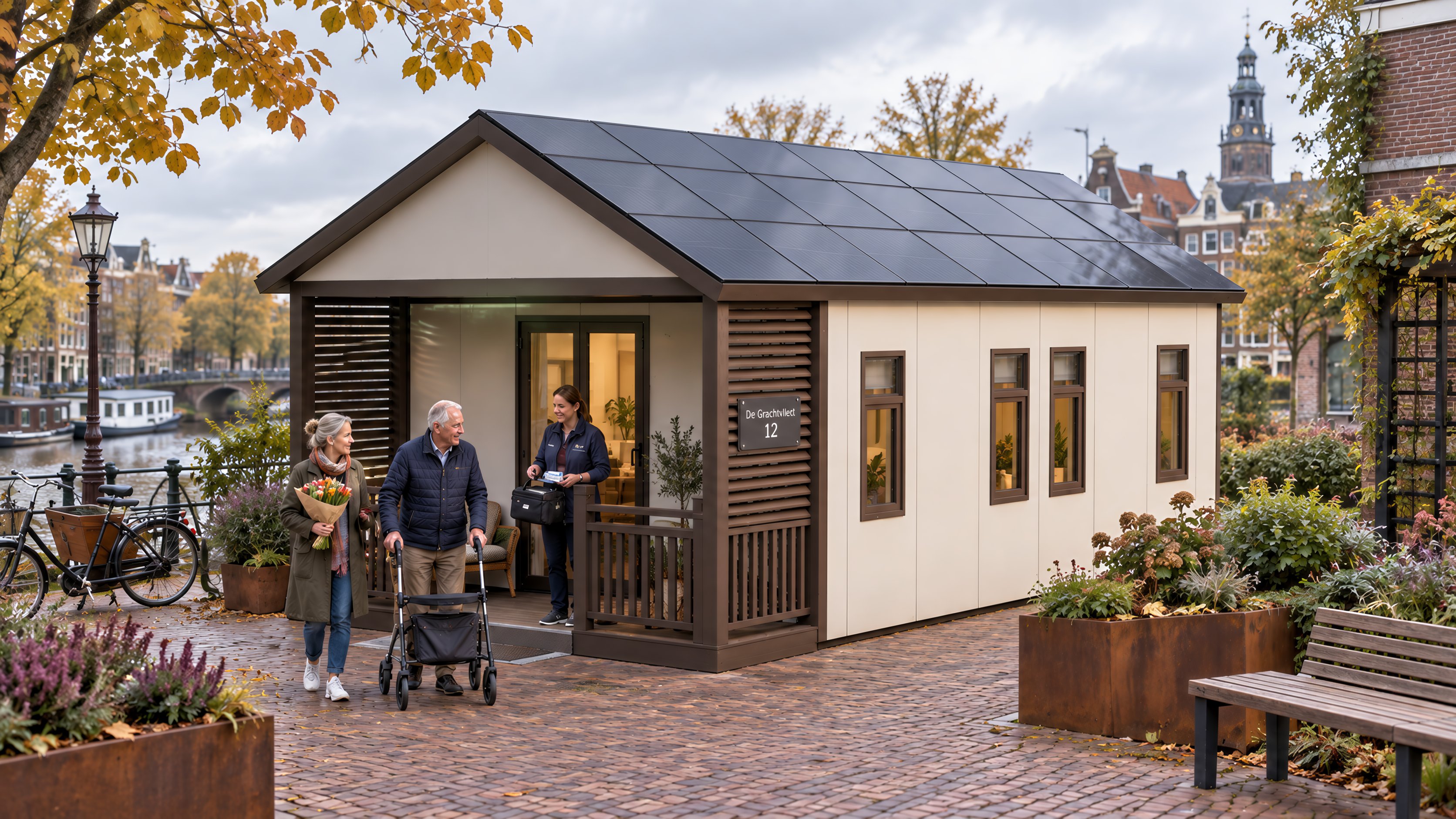 Cream-panelled street-level unit with timber slat screens on a canal-side brick street in autumn