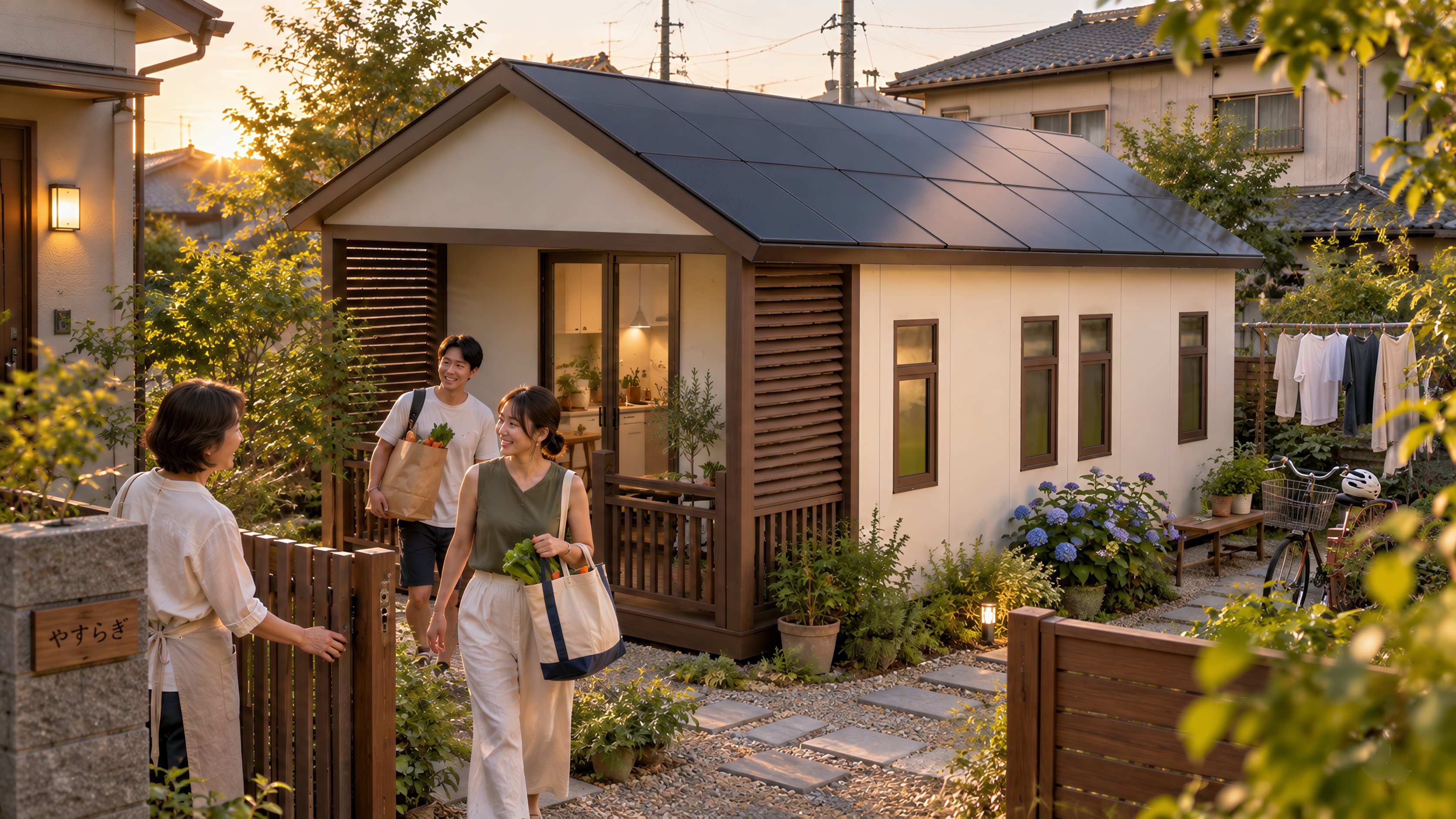 Cream-panelled garden unit with a dark metal roof, timber slat screens and a small porch on a gravel path in a Japanese suburban garden