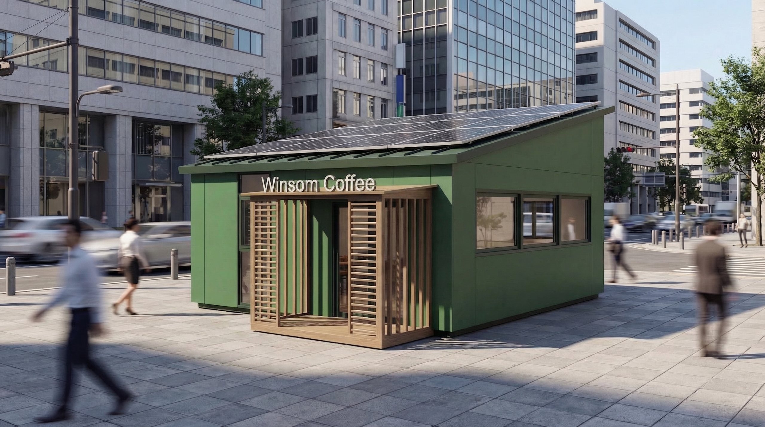 Winsom Coffee building in an urban plaza with optional rooftop photovoltaic panels