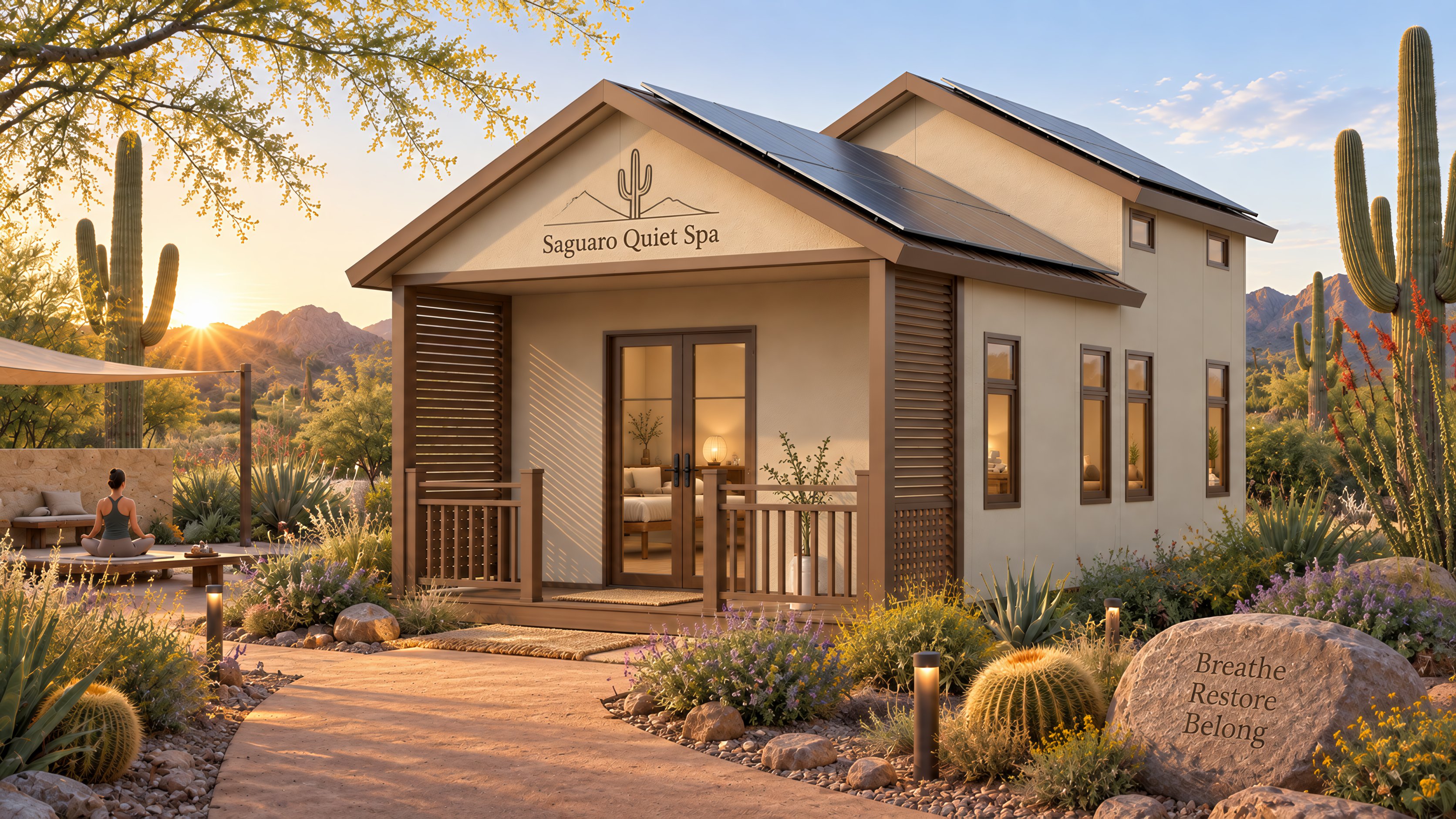 Prefab cabin with a dark solar roof among saguaro cacti and desert rocks at sunset, with a person seated on a bench