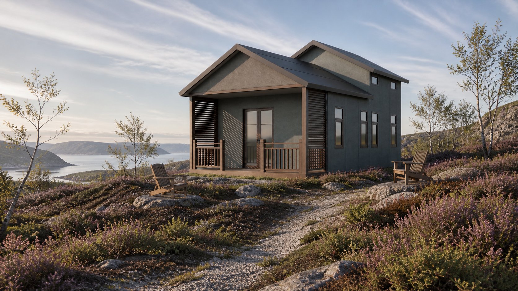 Dark twin-gabled house with a covered porch on a rocky hillside overlooking a coastal inlet