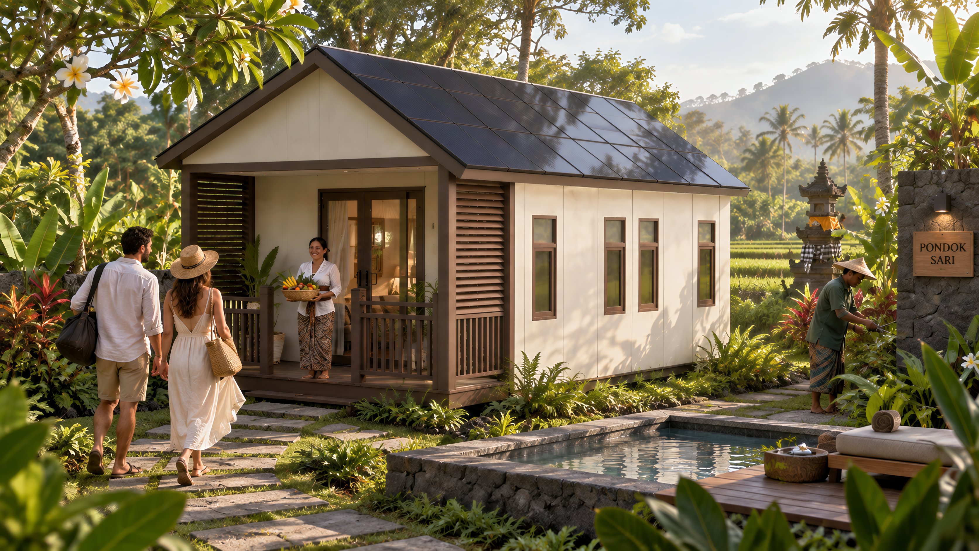 Cream-panelled guest house with a dark roof, timber slat screens and a covered porch beside a tropical garden and stone pool