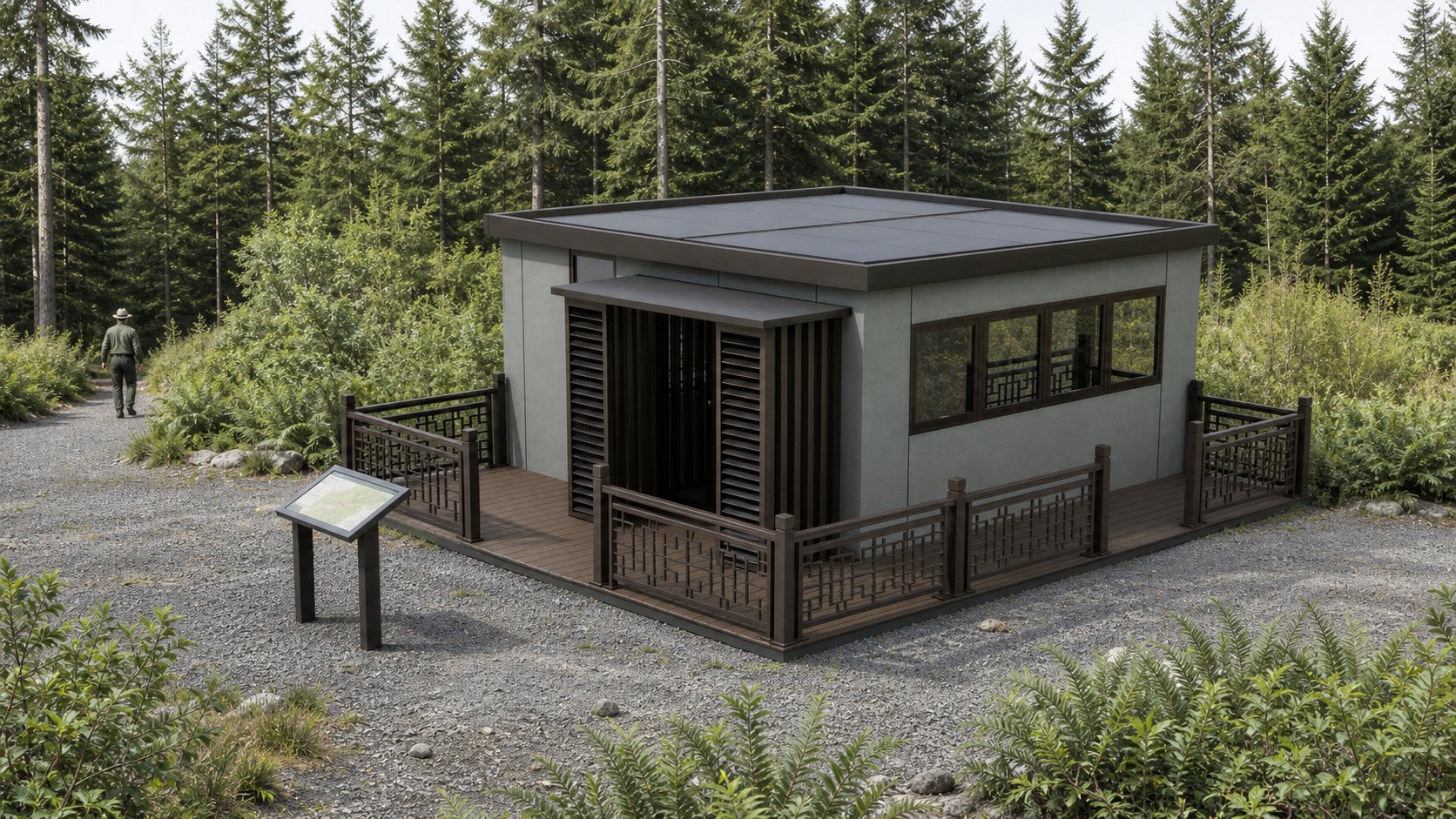 Gray pavilion with a wraparound timber deck beside a gravel path in a conifer forest