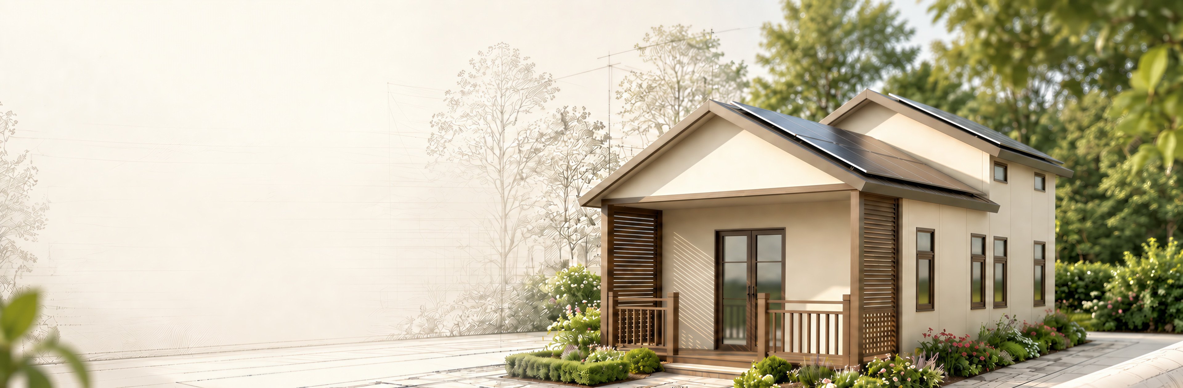 EcoNest prefabricated residence with a solar roof, timber porch and garden planting in a landscaped application setting
