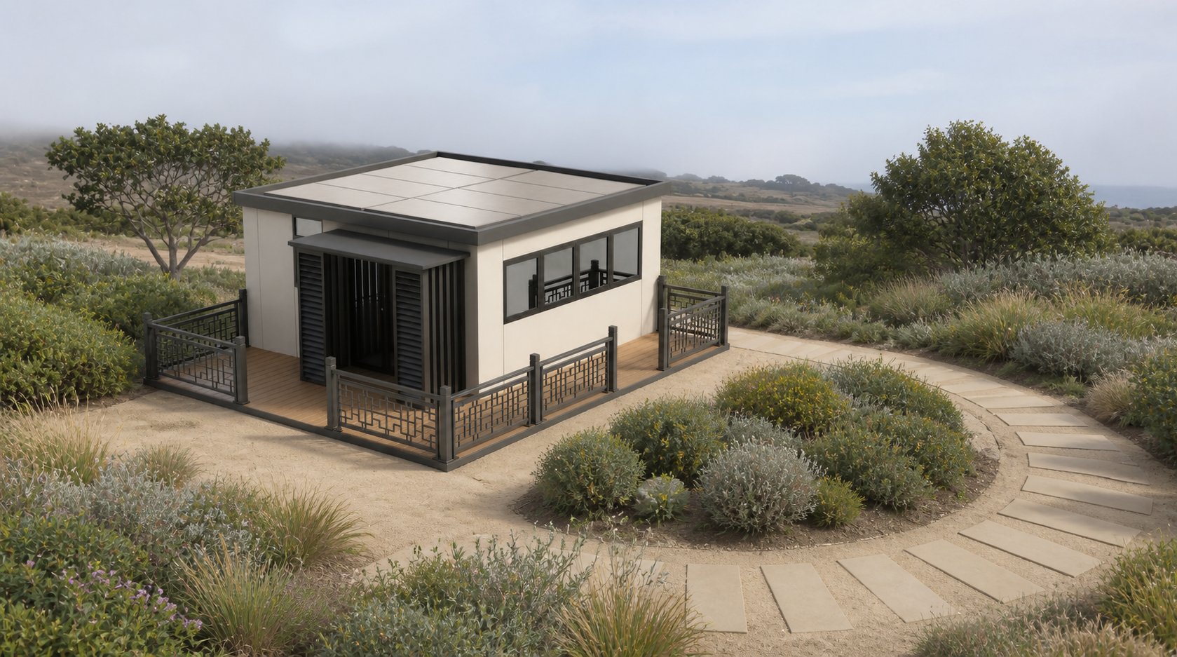 Light-colored pavilion with a wraparound deck beside a curved path and coastal scrub planting
