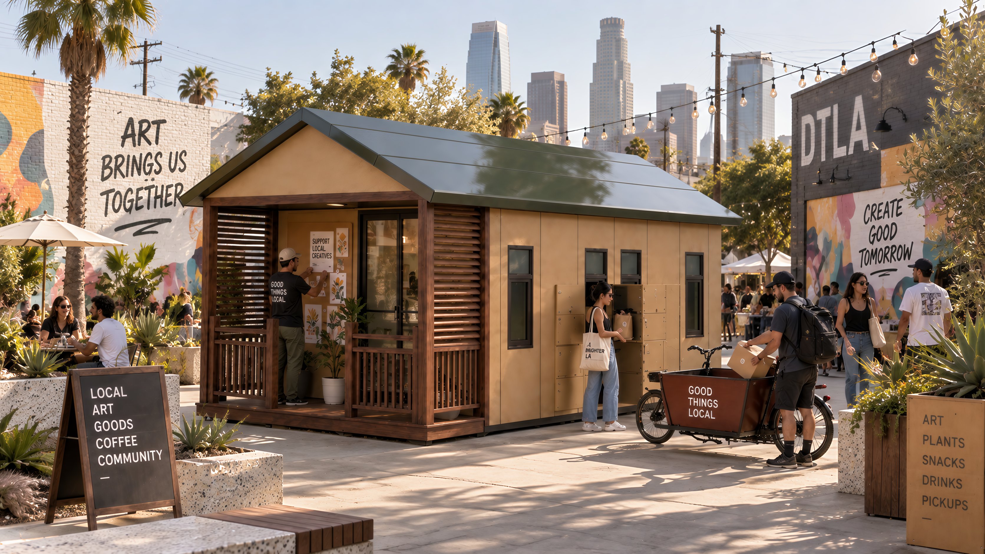 Tan modular kiosk with a dark green gable roof and timber porch on a downtown plaza with murals and palms