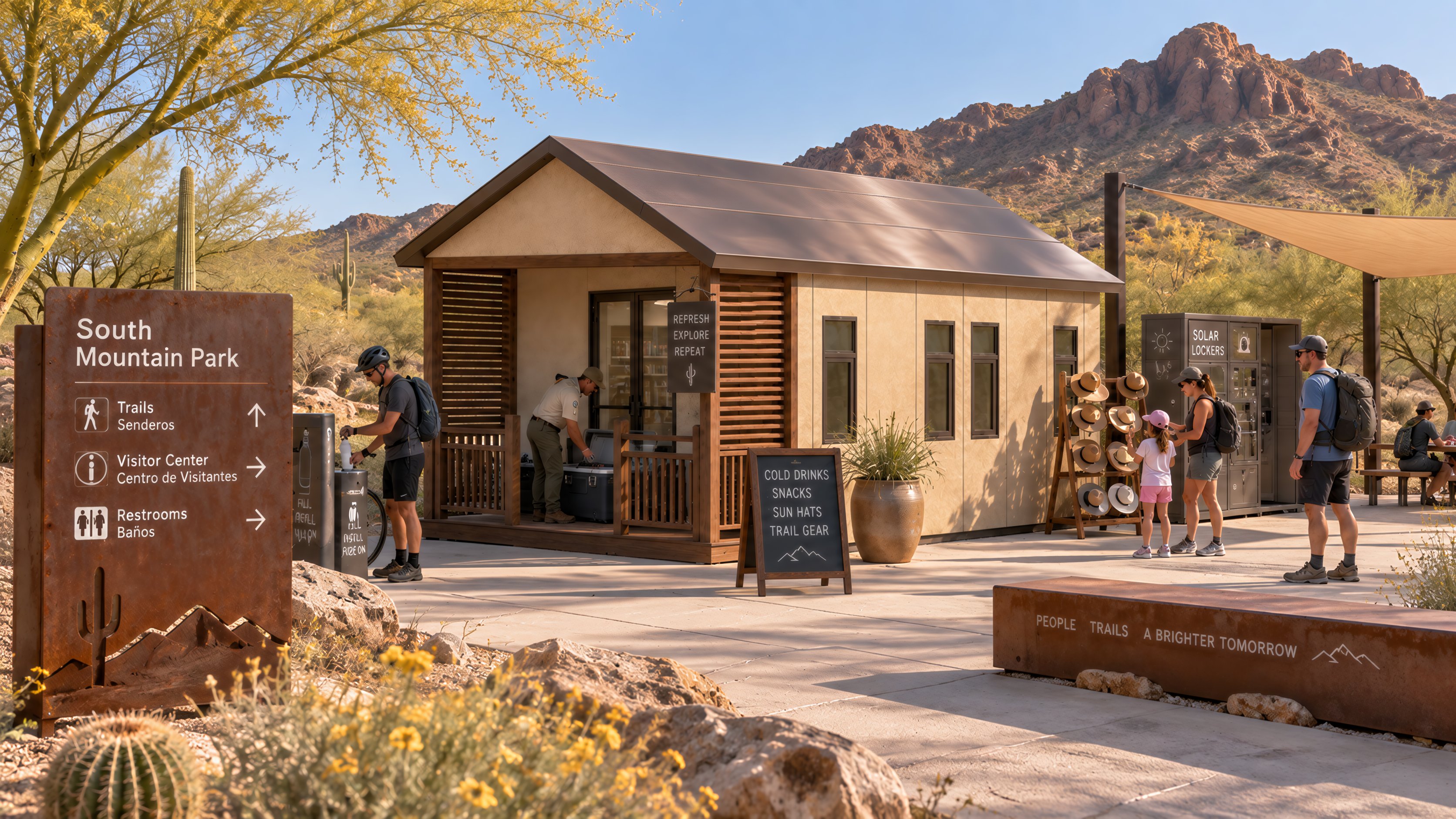 Desert park visitor building with cream siding and a metal roof beside a shaded walkway and saguaro cacti