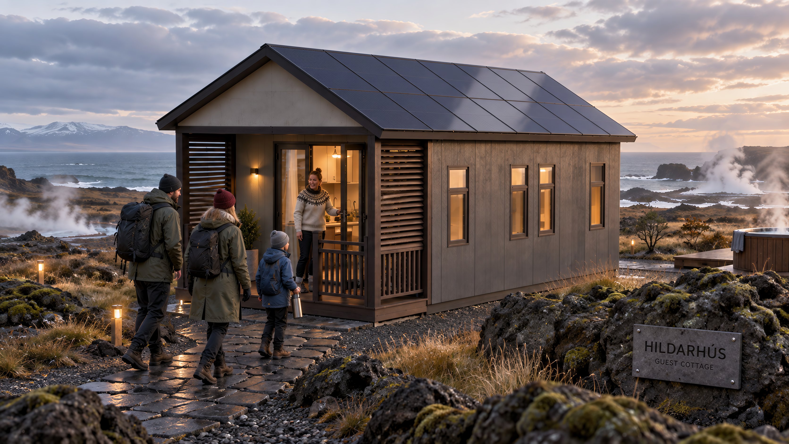 Taupe-panelled guest cottage with a dark roof and a covered entry on a mossy lava field beside steaming ground