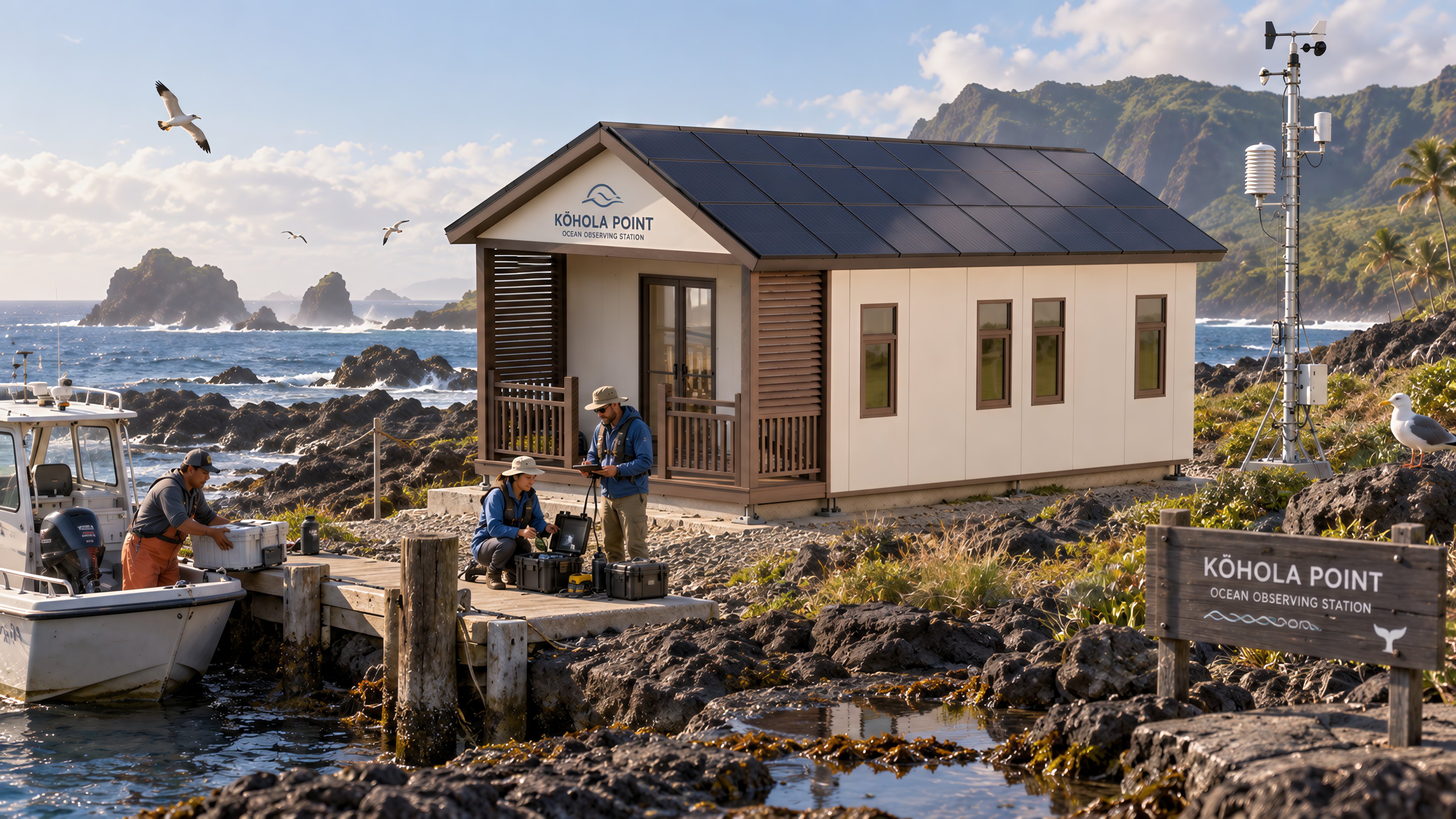 White-panelled station with a dark solar roof on a rocky lava coast, with an instrument mast and a boat nearby