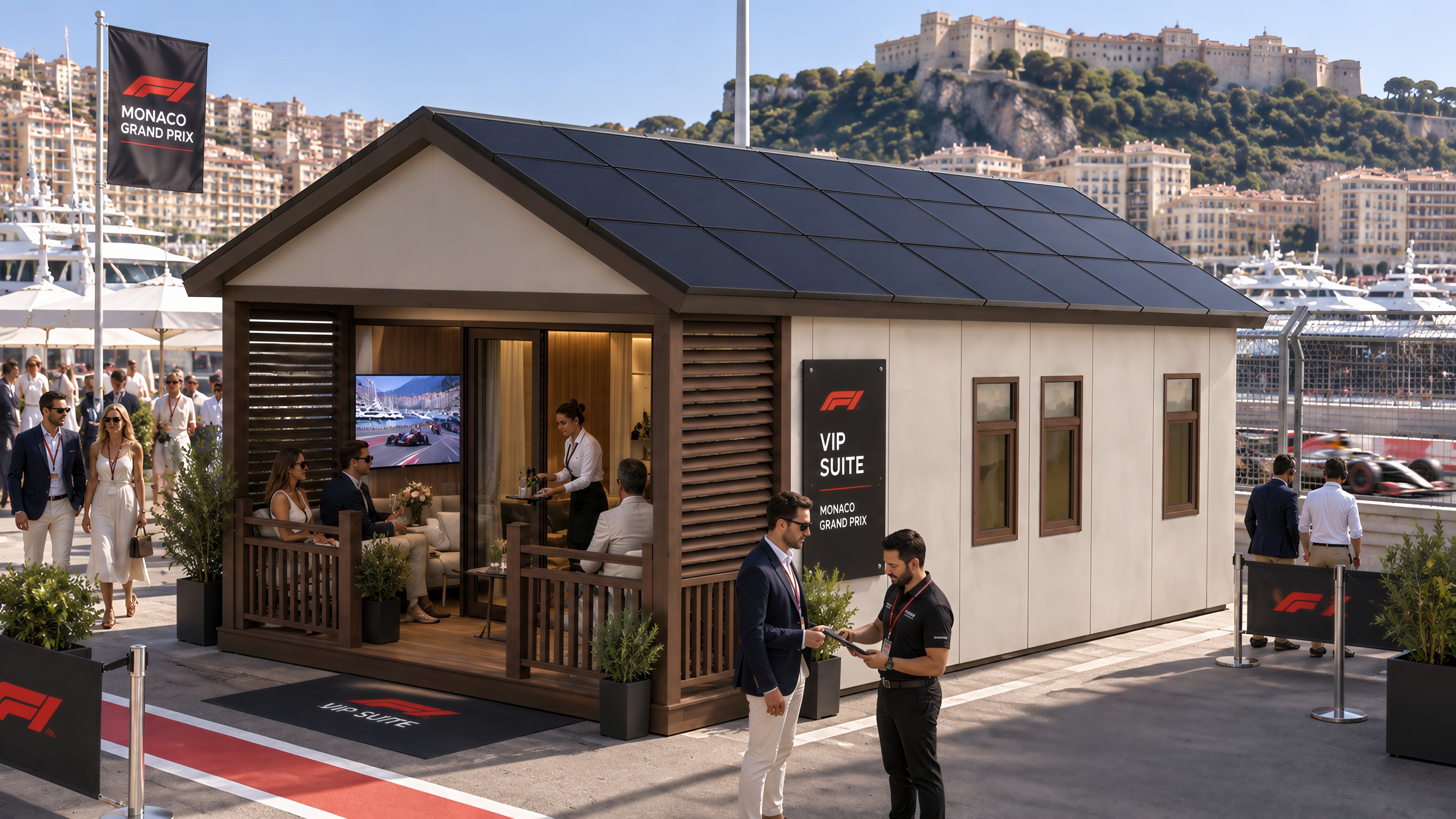 Cream-panelled VIP suite with timber slat screens and a covered lounge deck beside a harbour grandstand