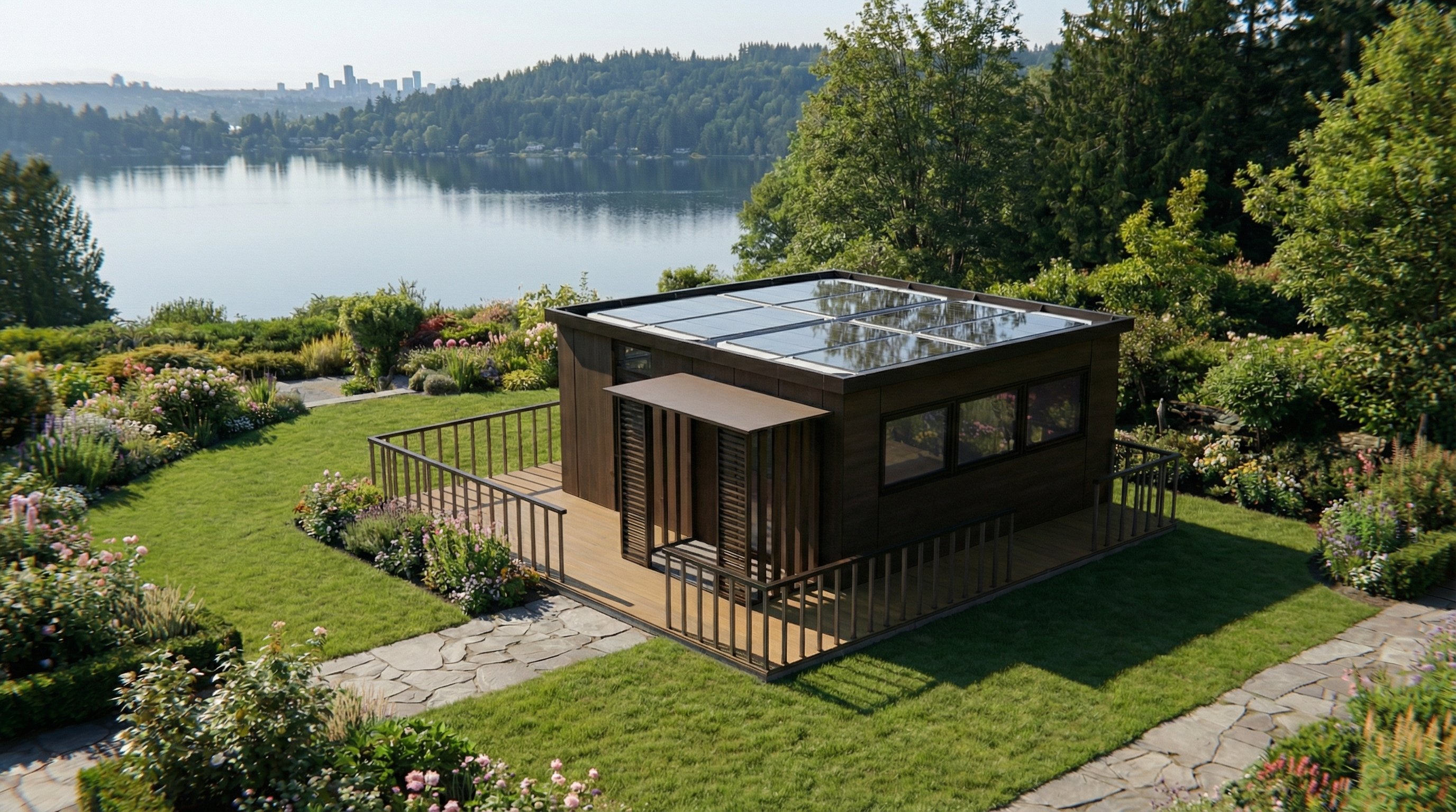 EcoNest Style A prefabricated pavilion in a landscaped garden. Shown with an optional customer-configured BIPV glass roof and photovoltaic glass wall panels.