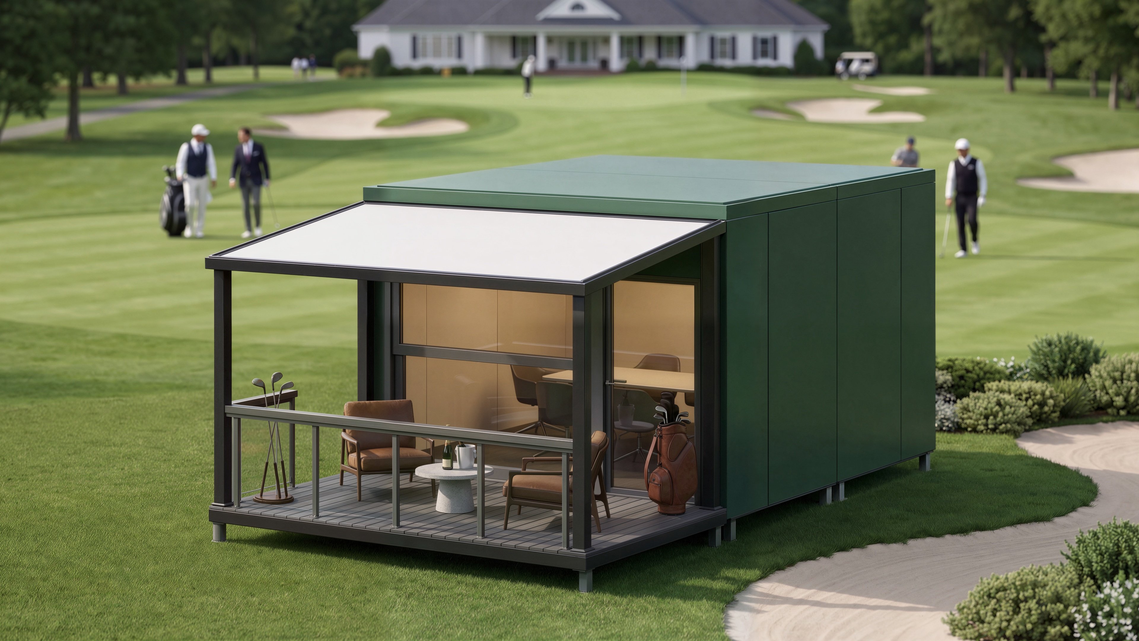 Green EcoNest Style C building at a golf course
