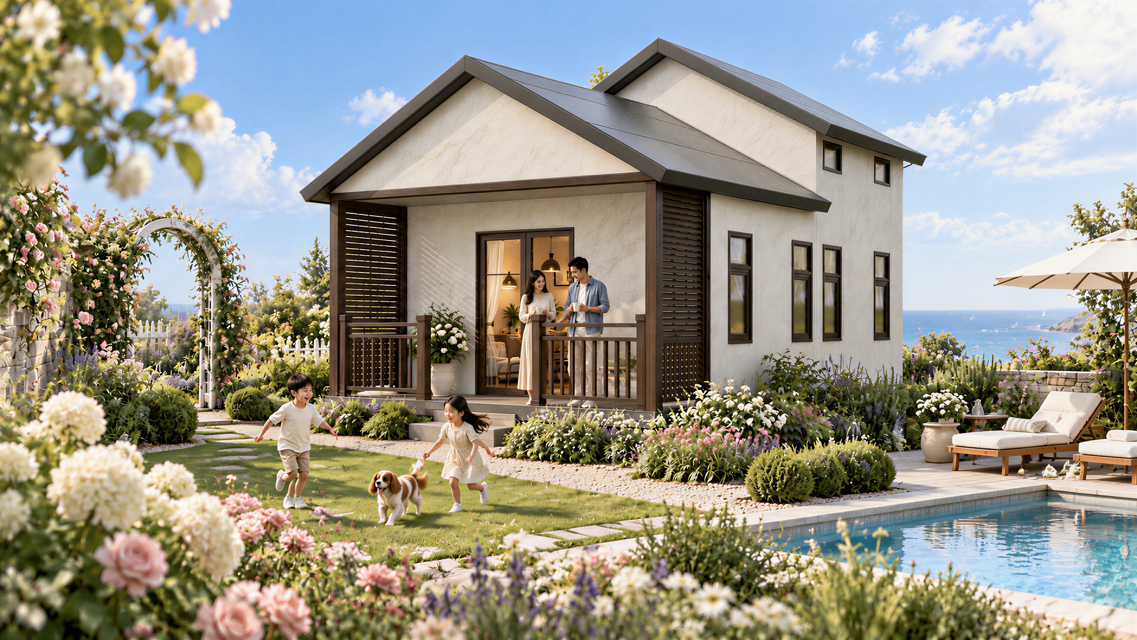 EcoNest lofted building with a light stone-look exterior in a seaside garden