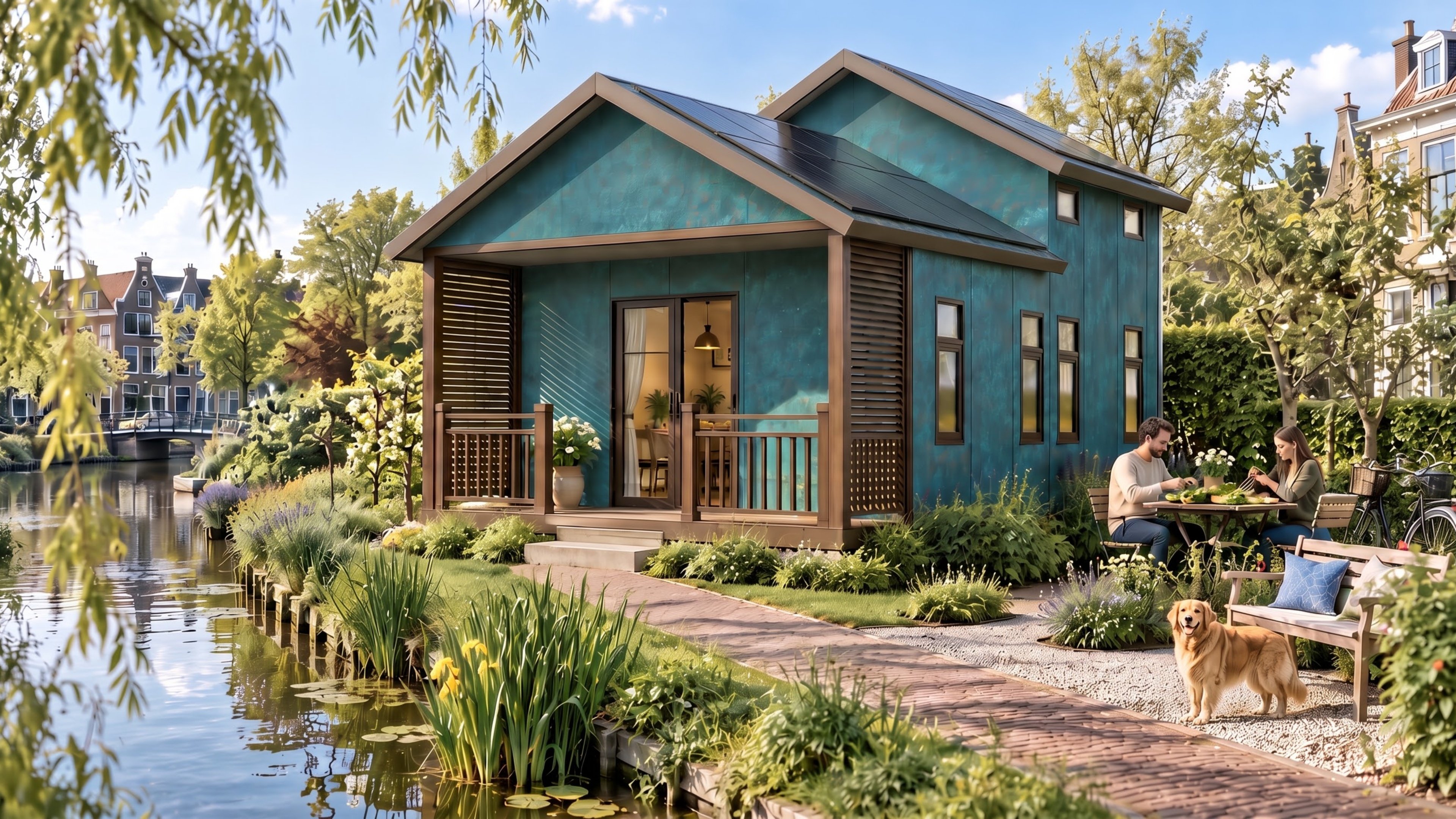 EcoNest lofted building with a blue-green exterior beside a canal