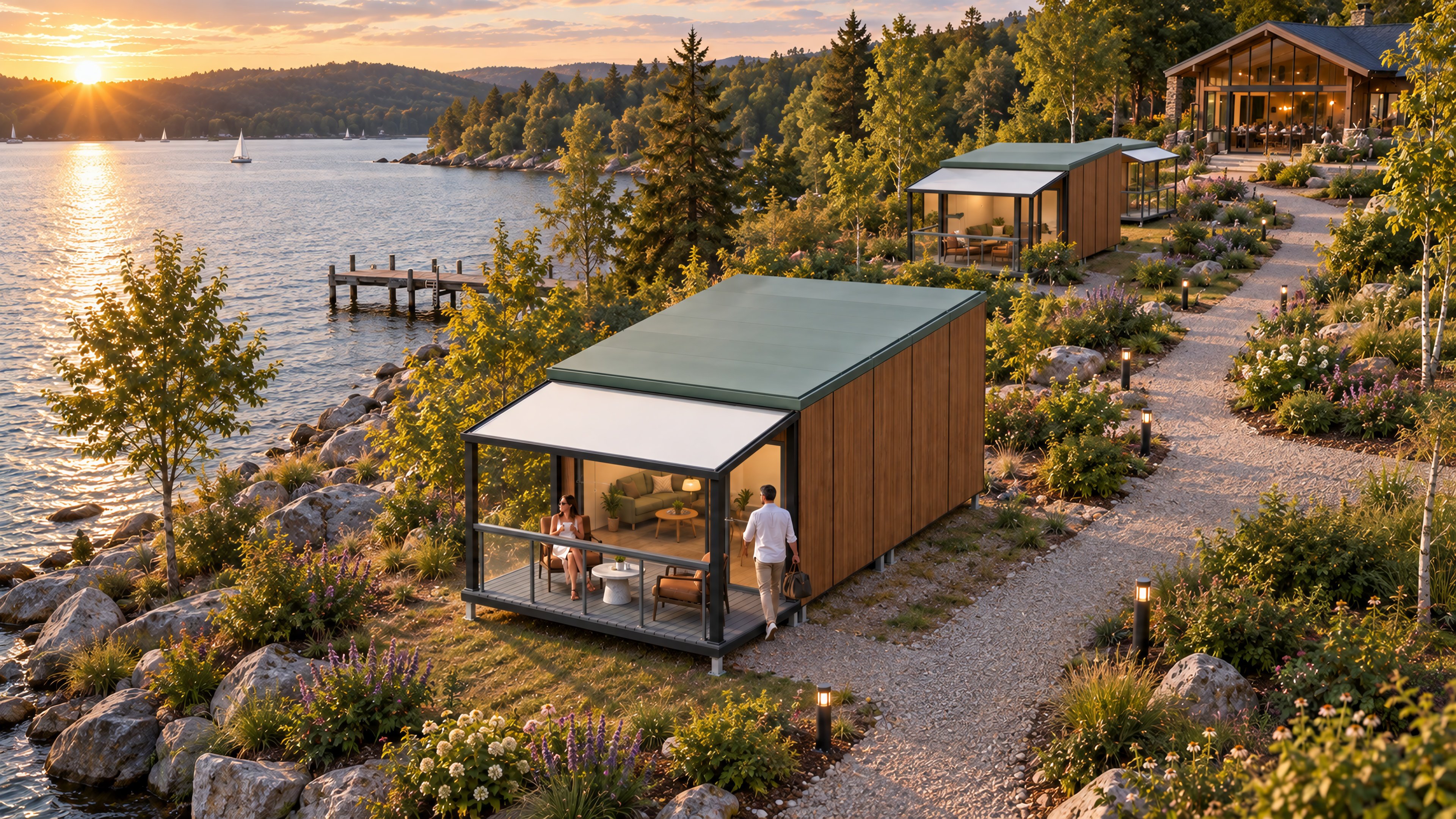 Extended Style C buildings in a landscaped lakeside setting