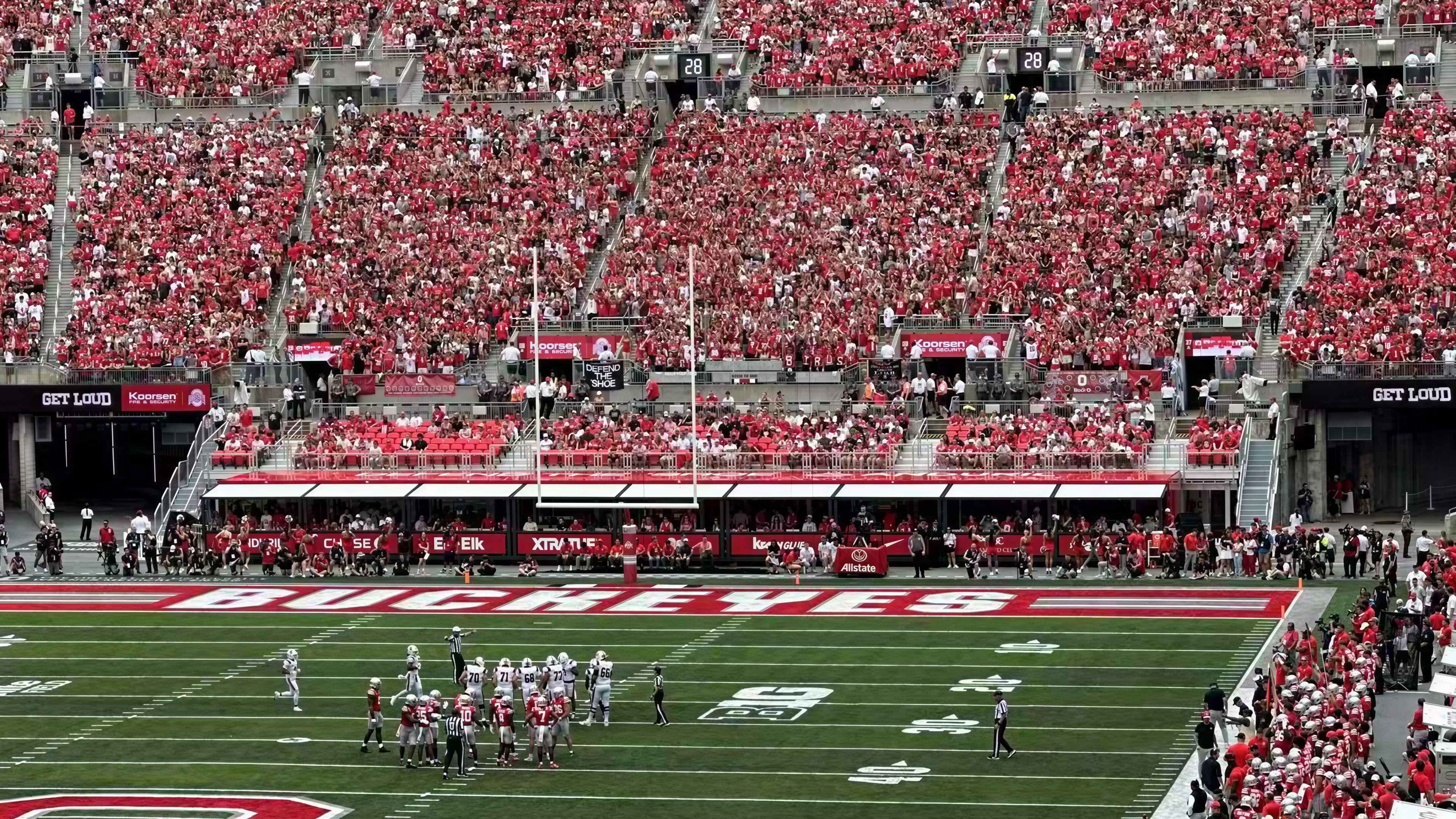 The red VIP suites overlooking the end zone during a game at Ohio Stadium