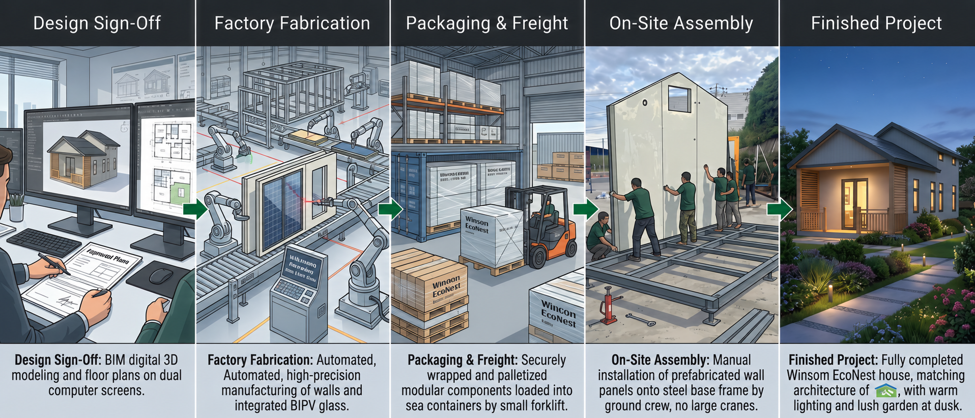 Illustrated EcoNest project stages: design sign-off, factory fabrication, packaging and freight, on-site assembly, and a finished home.