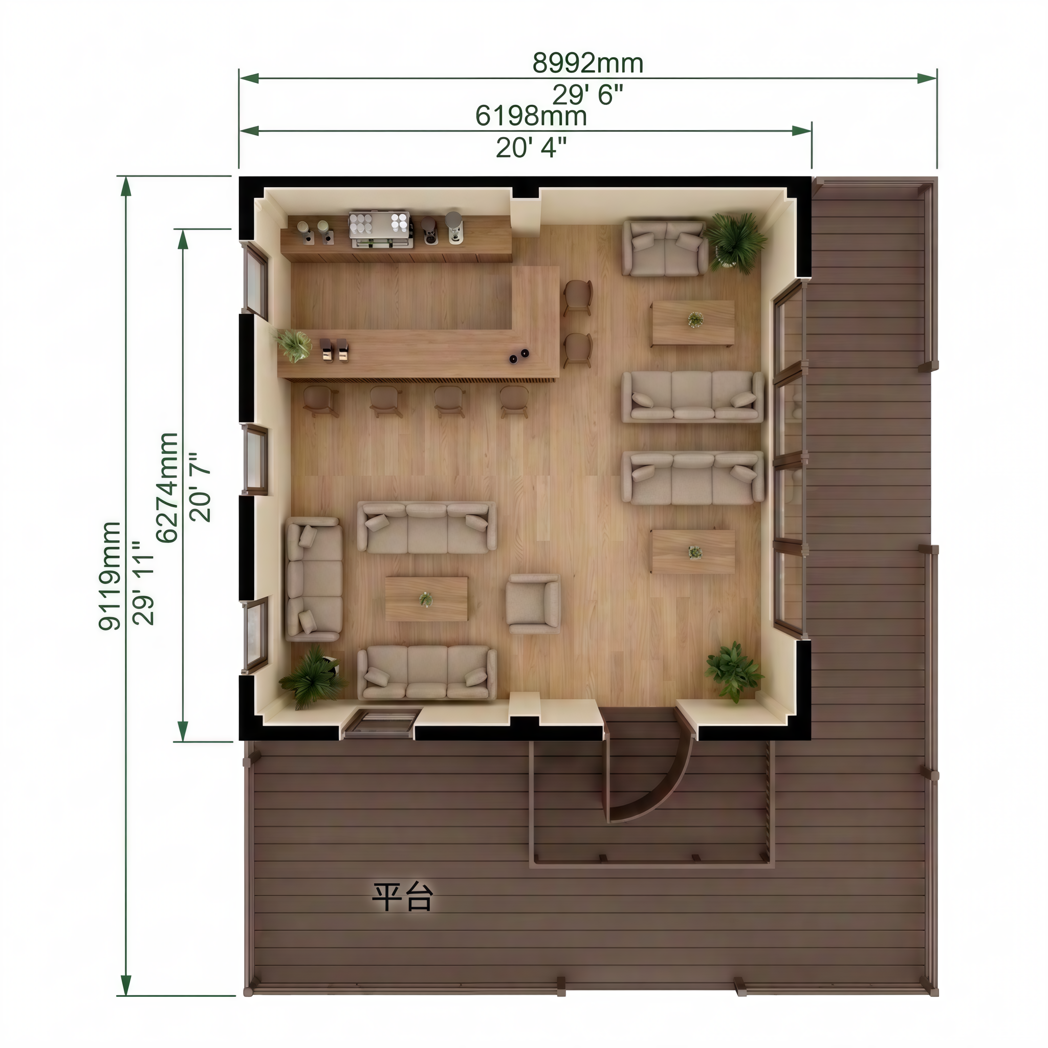 EcoNest Style A floor plan with open interior and wraparound deck