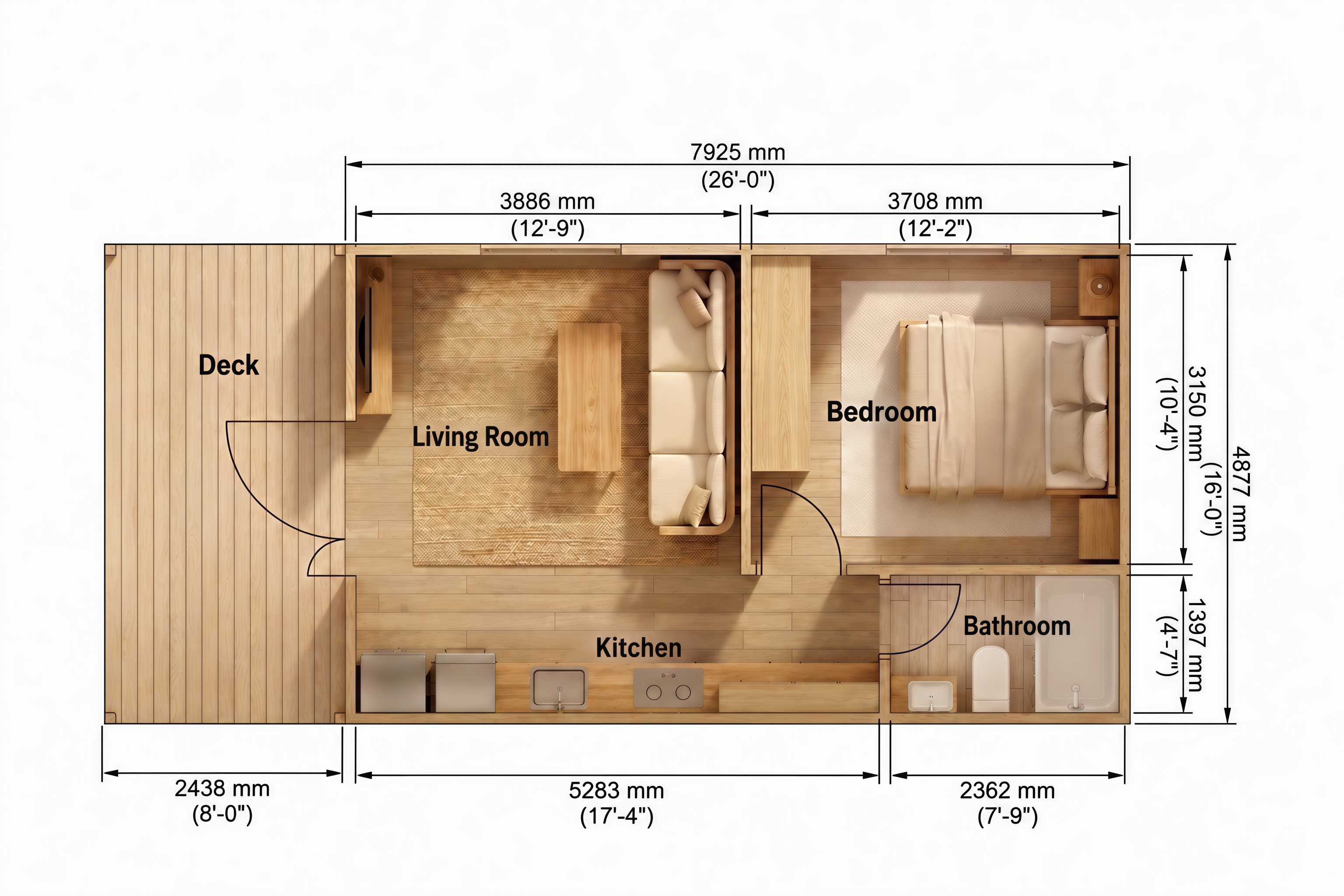 EcoNest Style B floor plan showing bedroom, bathroom, kitchen, living room, and deck