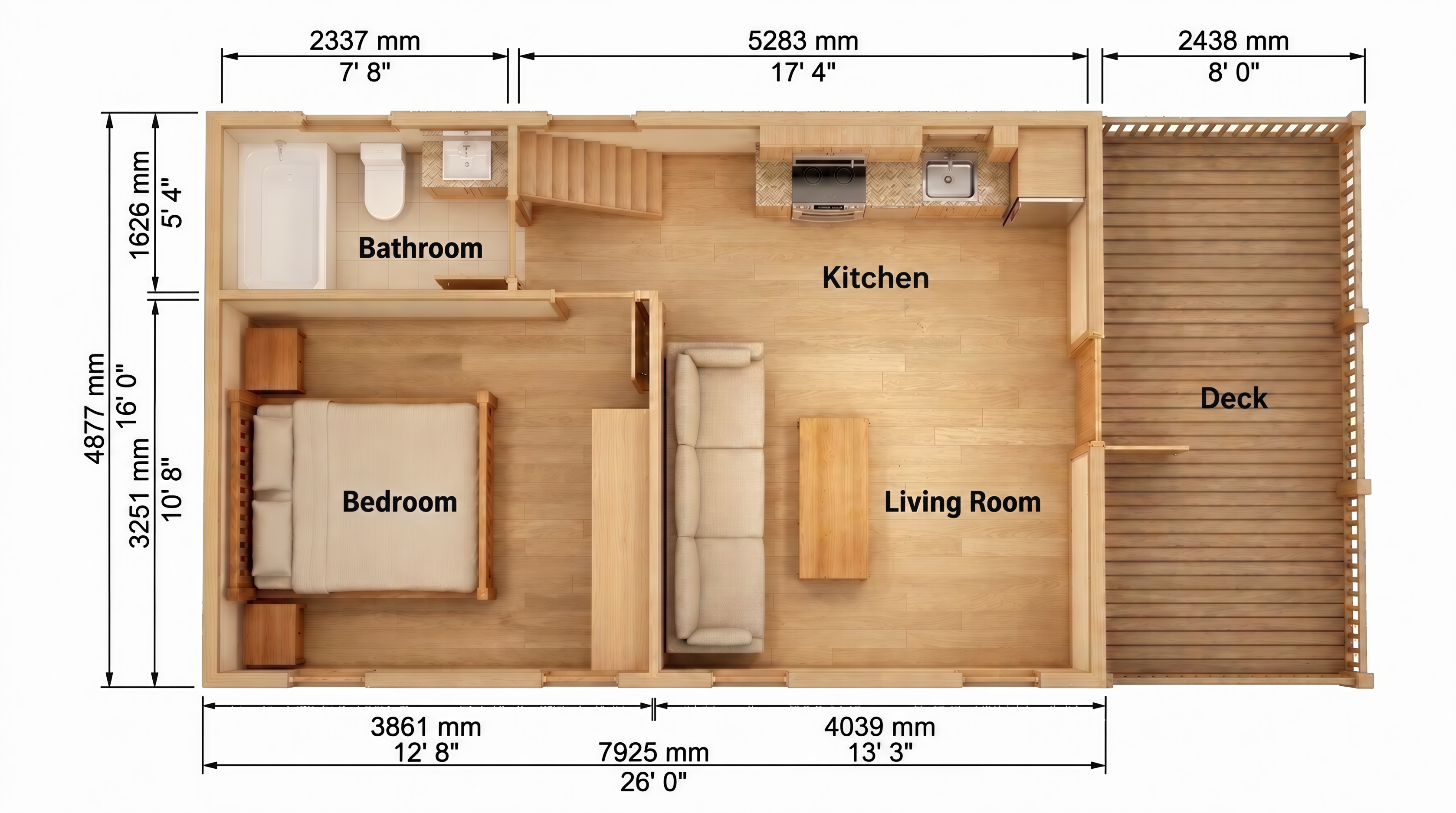 EcoNest Style BL main-floor plan with bedroom, bathroom, kitchen, living room, and deck
