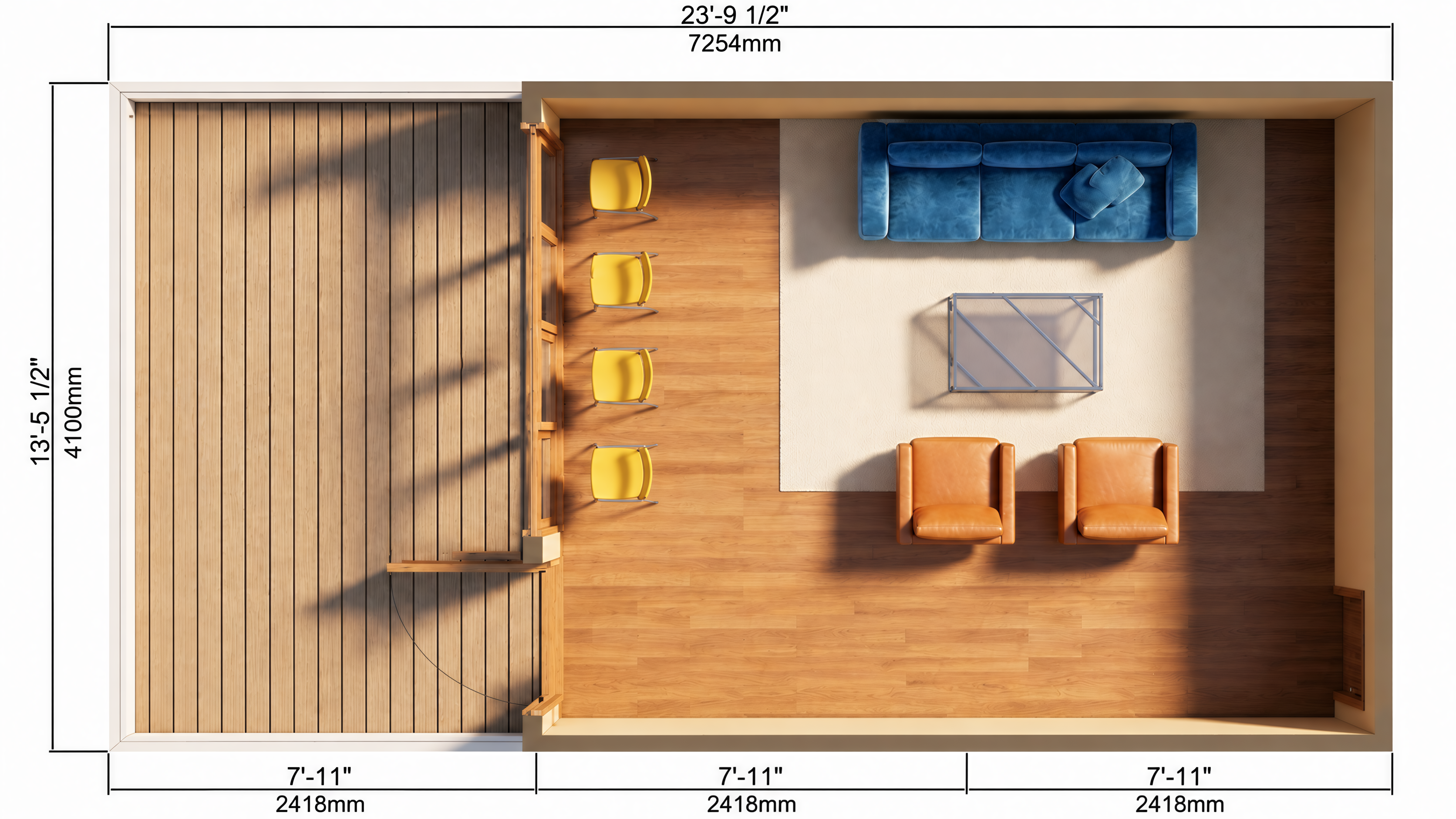 EcoNest Style C floor plan showing interior lounge and patio