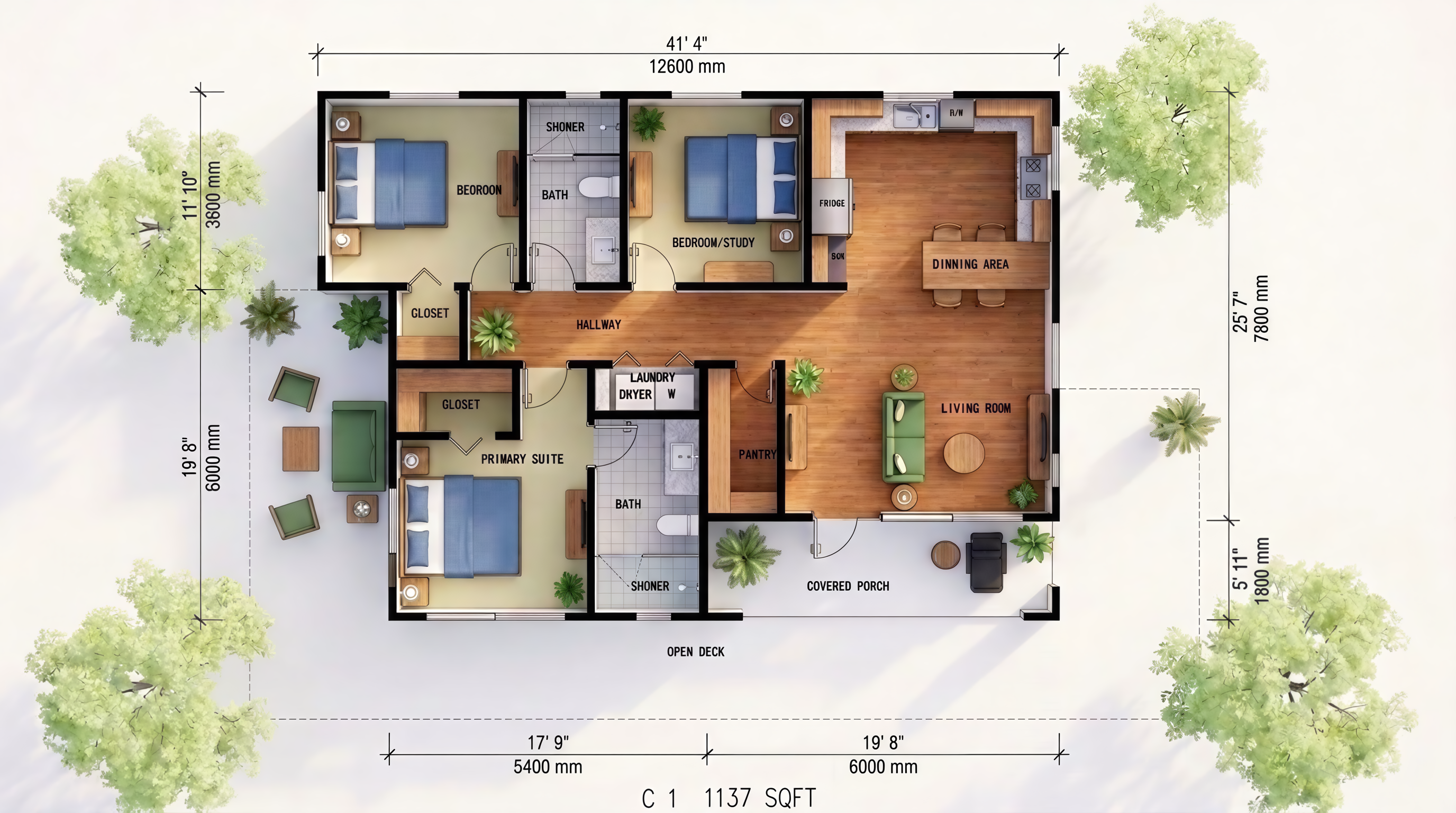 EcoNest Style D floor plan showing three bedrooms, two bathrooms, kitchen, dining, living, porch, and deck