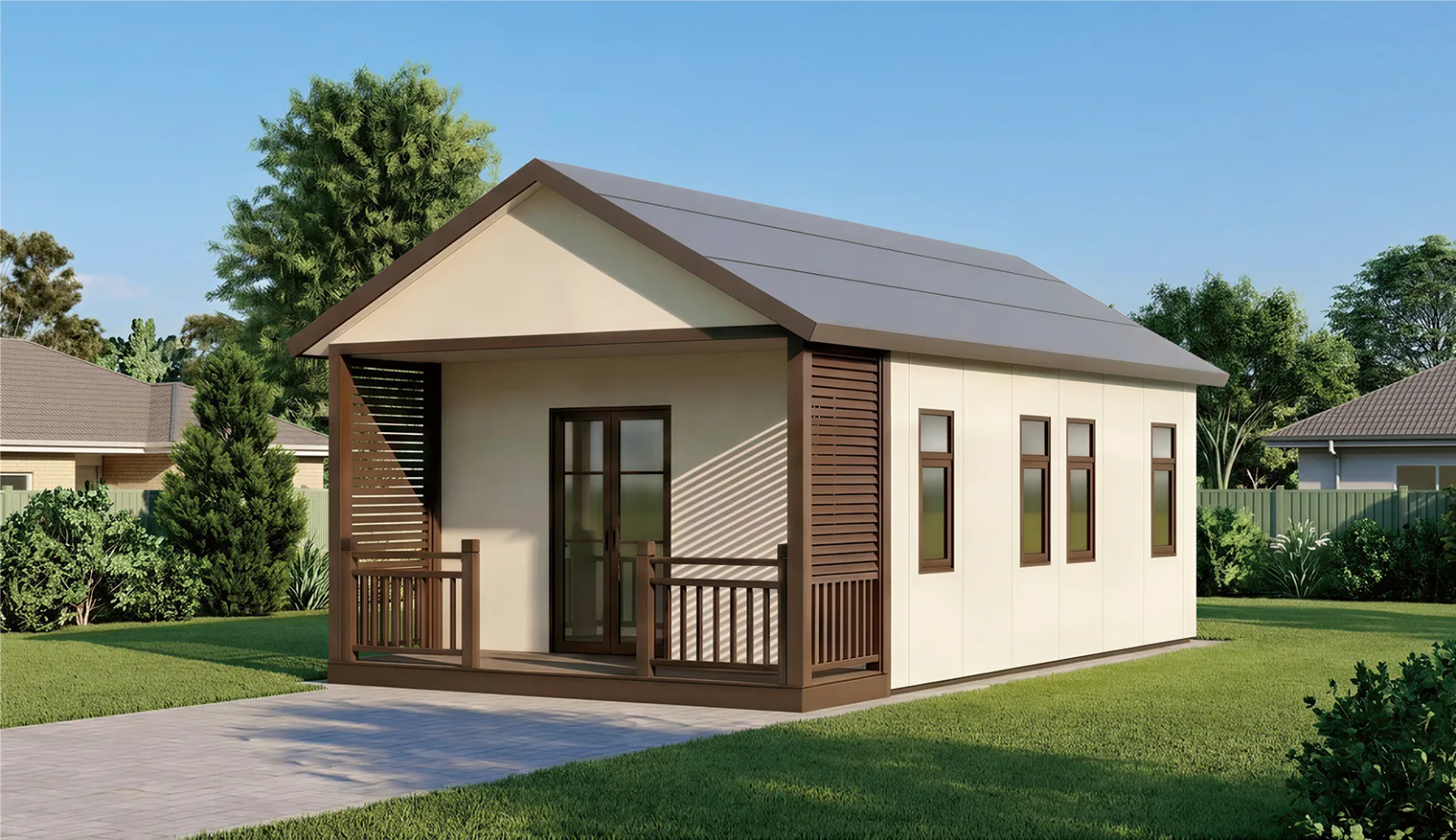 EcoNest Style B compact gable-roof home in a landscaped backyard