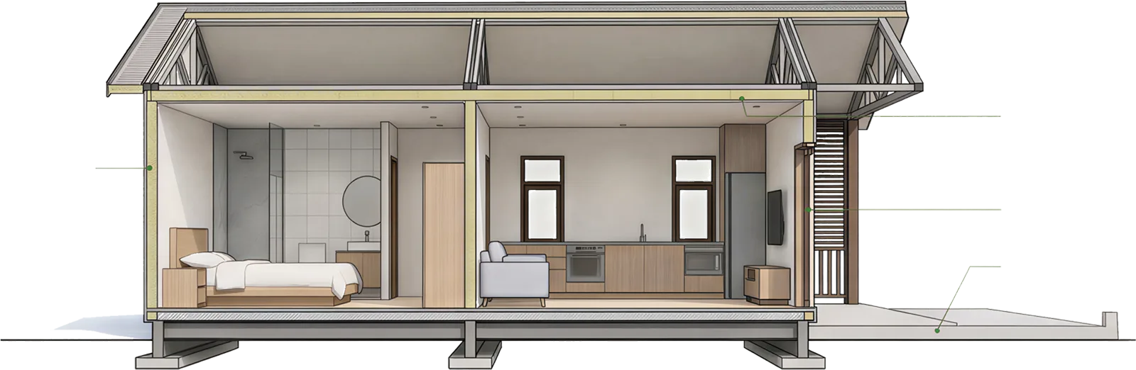 EcoNest Style B building section showing the interior room arrangement