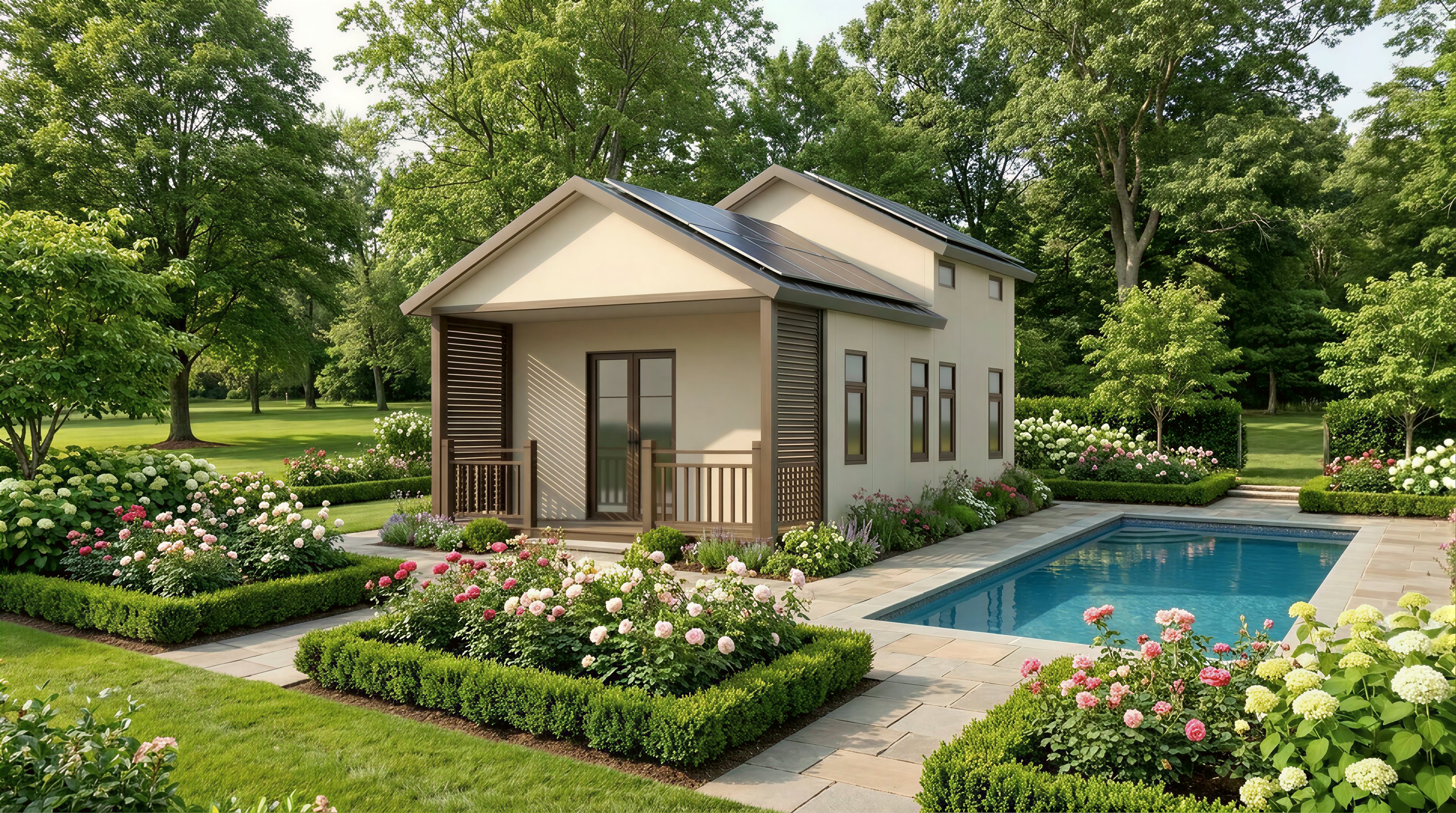EcoNest Style BL lofted home beside a landscaped pool