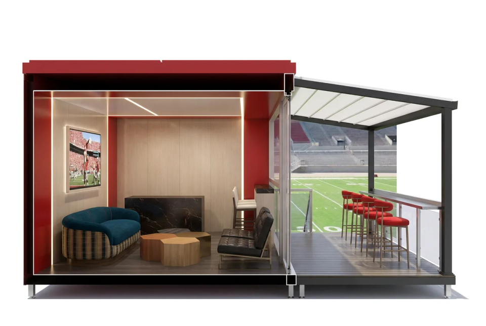 EcoNest Style C section showing lounge and covered viewing patio