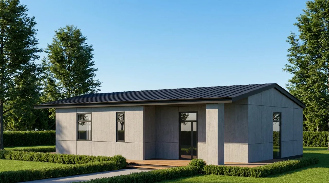 EcoNest Style D family residence with a low gable roof and sheltered porch