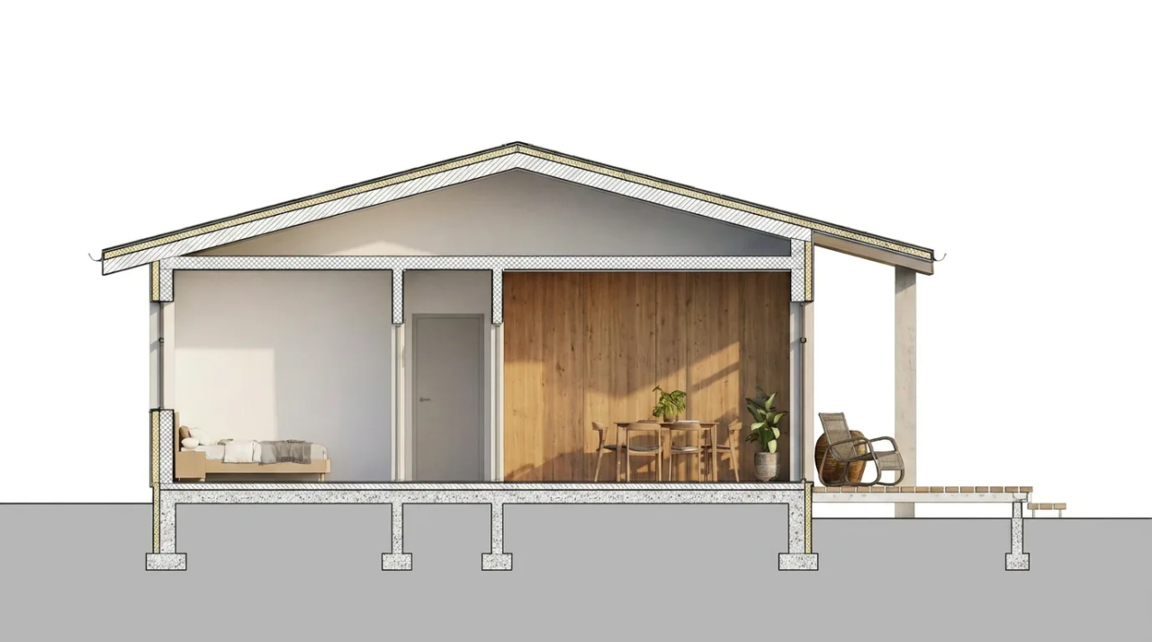 EcoNest Style D building section showing its gable roof and interior rooms