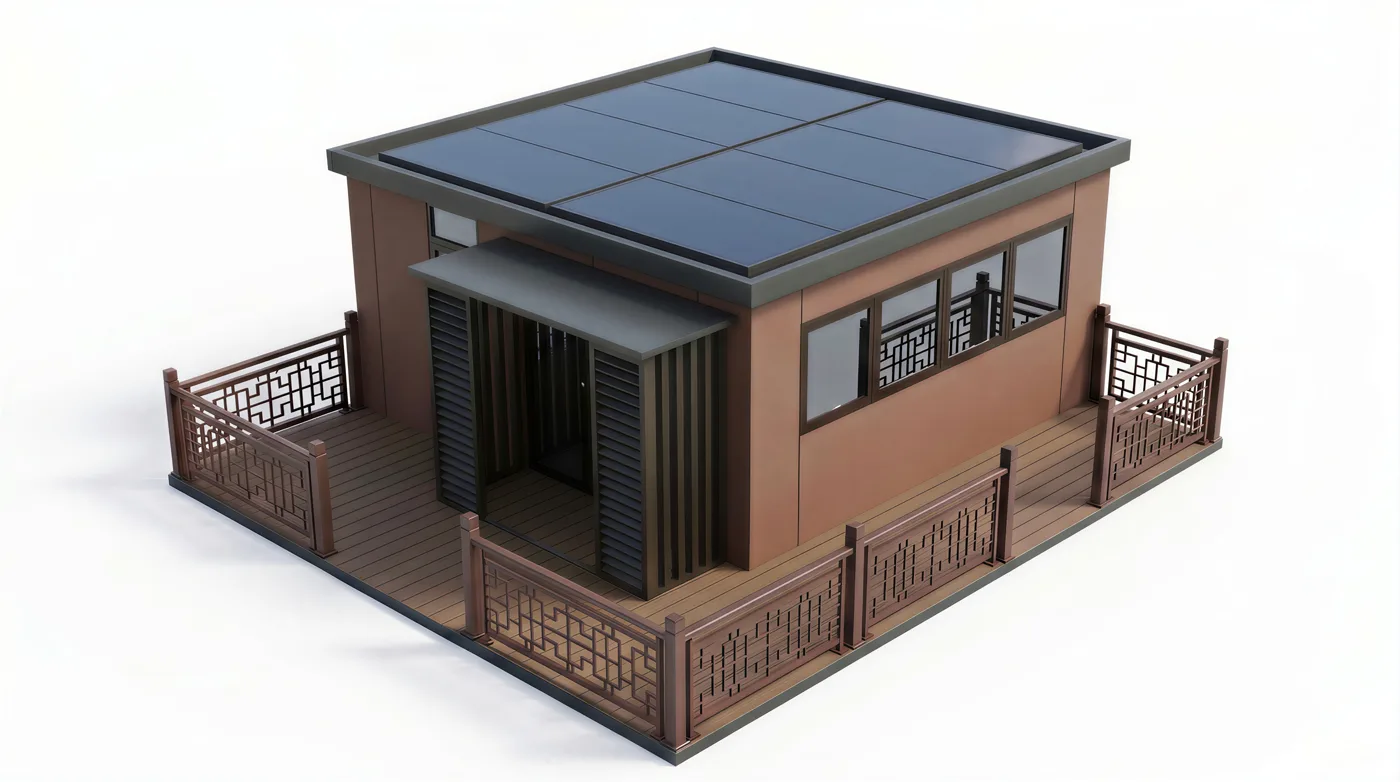 Style A reference exterior with a covered wraparound outdoor area. Shown with an optional customer-configured BIPV glass roof and photovoltaic glass wall panels.