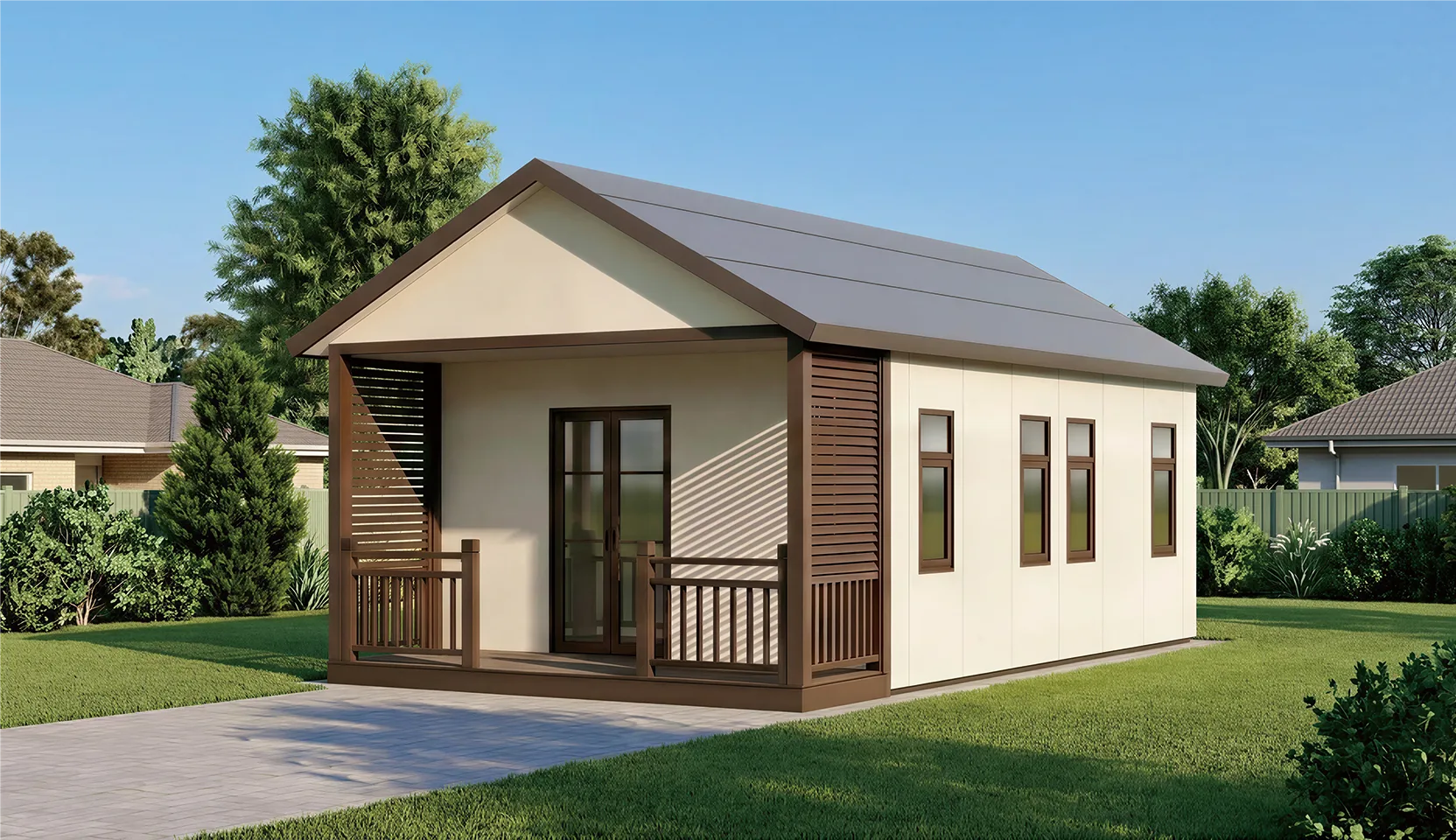 Style B single-level home beside a landscaped garden