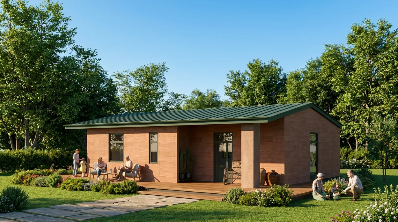 Style D family home with people in a landscaped garden